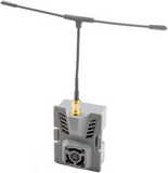 Long-range ELRS transmitter module with gold RF connector and gray dual antenna
