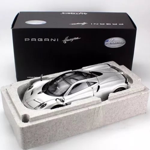 Pagani Huayra silver 1:18 diecast model car in foam display tray, front view