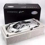 Pagani Huayra silver 1:18 diecast model car in foam display tray, front view