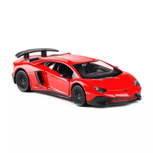 Red 1:36 diecast sports car model with black wheels and rear spoiler