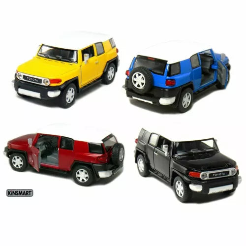 Diecast toy SUV car set, featuring yellow, blue, red, and gray FJ Cruiser models