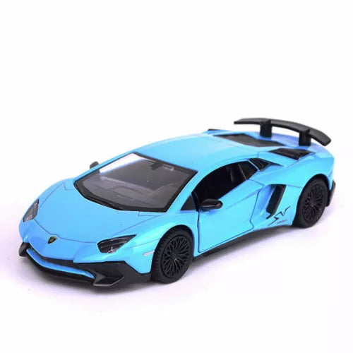 Blue Lamborghini Aventador SV diecast toy car model, black wheels and rear spoiler.