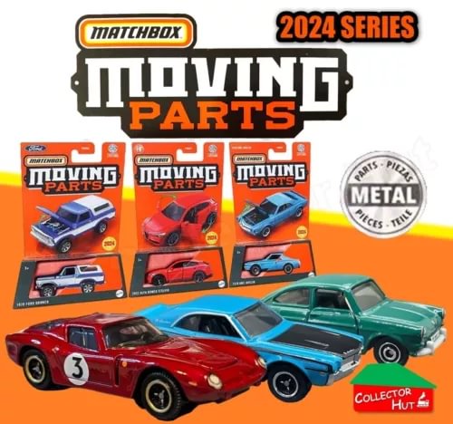 Diecast model car set in retail box, showing red, blue, and green cars