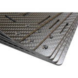 Carbon fiber plate panel with machined holes and slots, black-gray woven texture