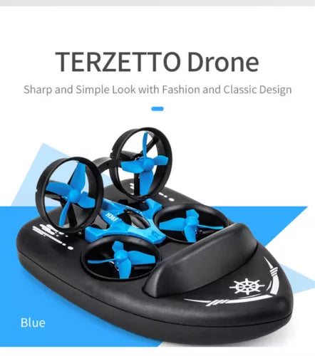 Black and blue remote control drone boat toy with four propellers