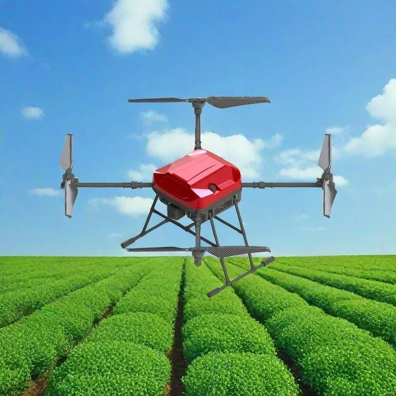 Mini agriculture sprayer drone with red tank and four propellers