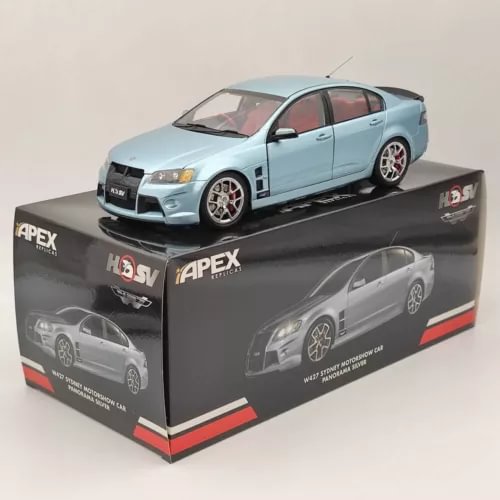1:18 scale diecast car model in light blue on Apex Hsv Commodore box