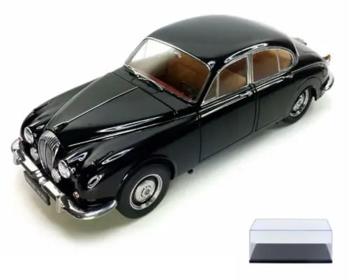 Diecast classic car model, dark gray/black hardtop with chrome details and display case