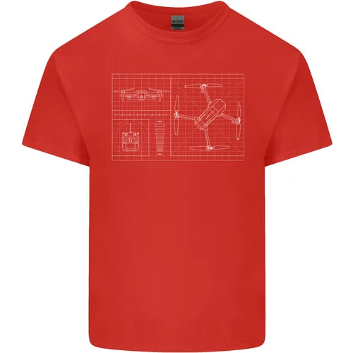 Men's red light cotton T-shirt with white drone blueprint print, crew neck