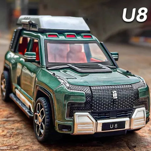Green diecast SUV model with front grille and U8 badge, front 3/4 view