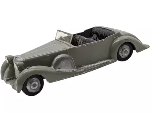 Grey diecast sports coupe cabriolet toy car with open top, side view