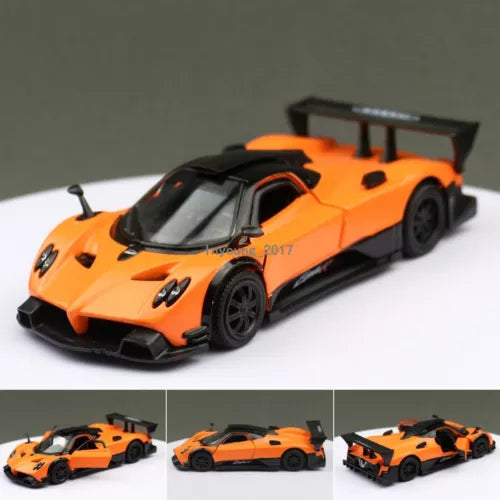 Orange Pagani Zonda R diecast race car model with rear wing, front 3/4 view