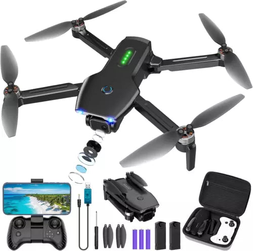 FPV quadcopter drone with camera, four propellers and blue LED lights
