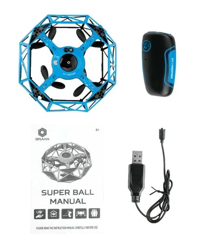 Blue SuperBall infrared gesture-control drone with charging USB cable and controller
