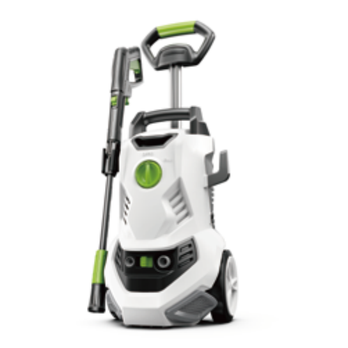White electric pressure washer with green accents, wheeled base, and upright handle.
