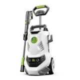 White electric pressure washer with green accents, wheeled base, and upright handle.