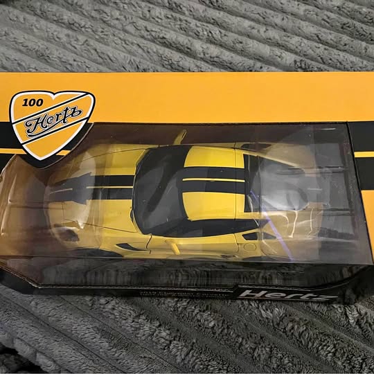 Diecast collectible car, yellow and black Hertz race car in display case