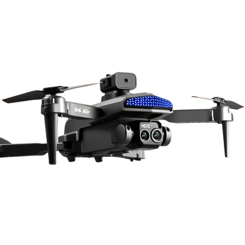 Foldable quadcopter drone with dual cameras and blue status LED lights