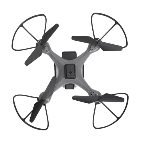 Grey RC quadcopter drone with four propellers and front camera module