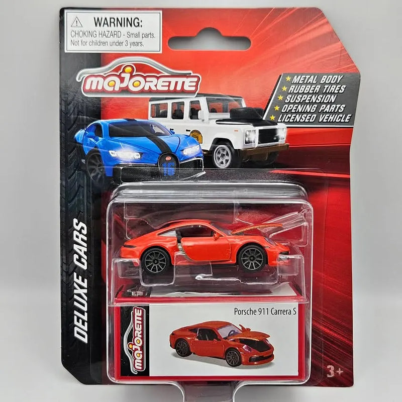Diecast Porsche 911 Carrera S sports car, orange-red, in blister packaging