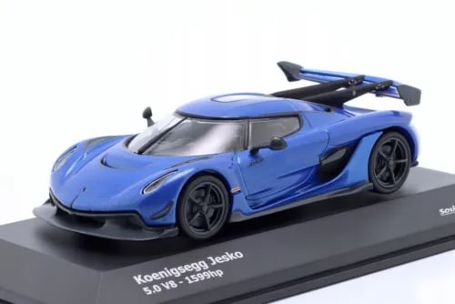 Blue Koenigsegg Jesko diecast model car on display base, front three-quarter view