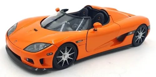 Orange diecast sports car model with black roof and front headlights