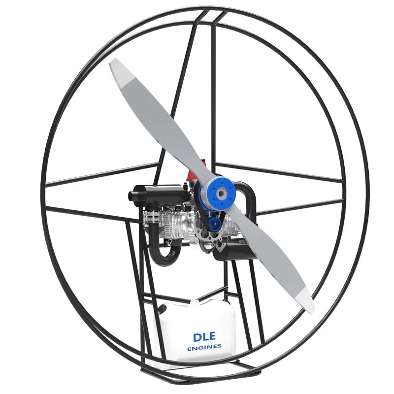 Two-stroke gasoline engine with blue propeller hub and protective ring