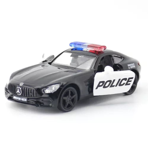1:36 AMG GTS police car model diecast, dark gray with Police graphics, roof light bar