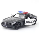 1:36 AMG GTS Police Car Model Diecast Toy Cars Metal Vehicle Pull Back Door Open Toy