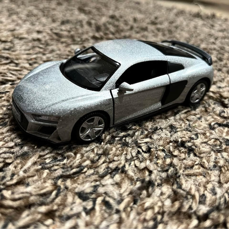 1/36 diecast Sudi R8 coupe model car with black roof and open hood