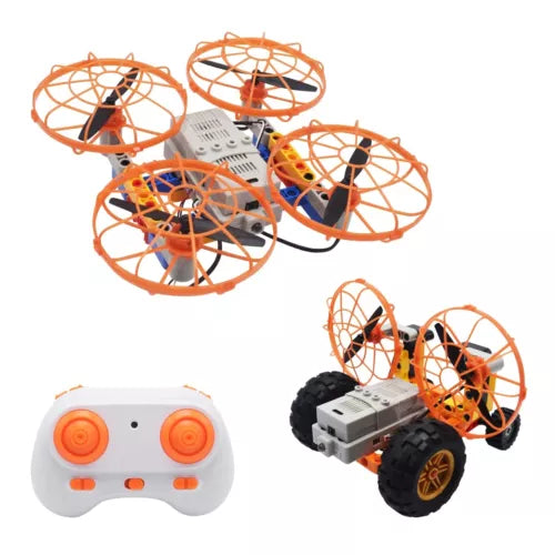 Orange RC drone with building blocks and remote controller, four propellers