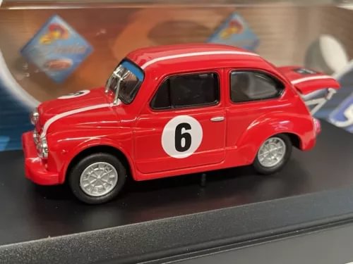 Red diecast Fiat 600 Abarth model car, number 6 decal, front 3/4 view