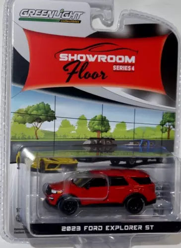 Red 2023 Ford Explorer ST diecast model SUV toy car in clear blister package