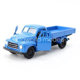 1/36 scale blue diecast Opel Blitz flatbed truck model, front 3/4 view