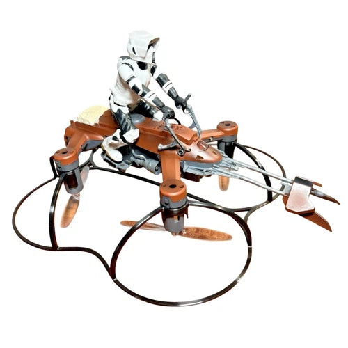 Speeder bike battle drone toy with white pilot and orange frame, propellers attached