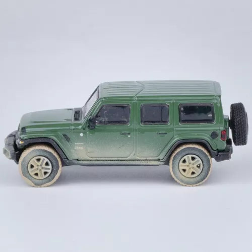 1:64 diecast Jeep Wrangler toy car, light green body with dark windows, side view