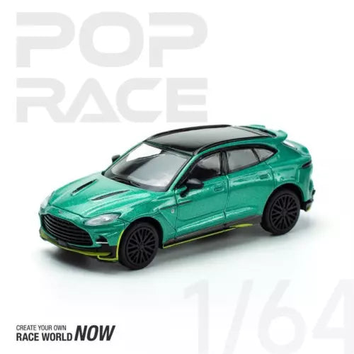 PopRace 1:64 diecast racing green hatchback with black wheels, front 3/4.