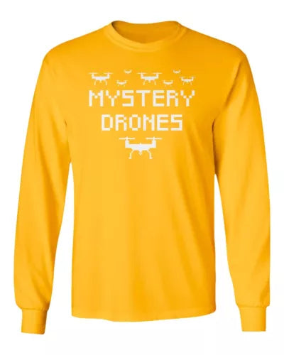 Yellow long sleeve crewneck T-shirt with 8-bit Mystery Drones drone graphic
