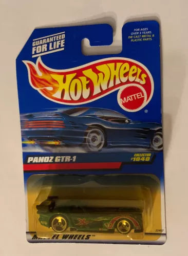 Hot Wheels Panoz GTR-1 diecast car in blister pack, dark green, scale 1:64
