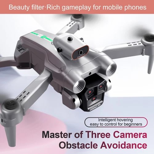 Gray foldable quadcopter drone with camera and propellers, front view