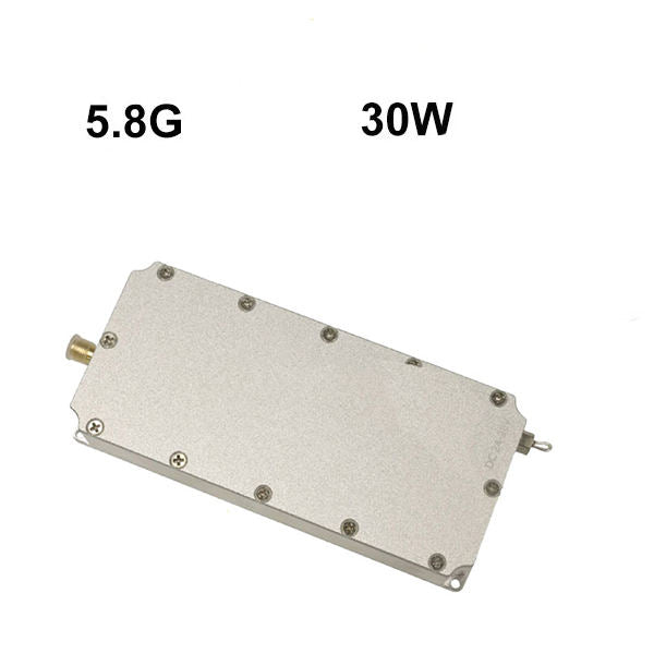 RF LDMOS amplifier power module with metal enclosure, mounting holes, and wire leads