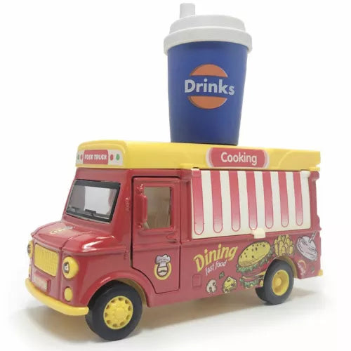 Pink and red drinks food truck diecast model car toy with yellow wheels