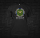 Black drone pilot T-shirt with round FAA-style badge graphic on chest