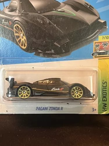 Black Pagani Zonda R diecast car in sealed blister pack with gold wheels