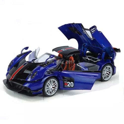 1:18 blue diecast model car, open cockpit, black splitter and detailed wheels