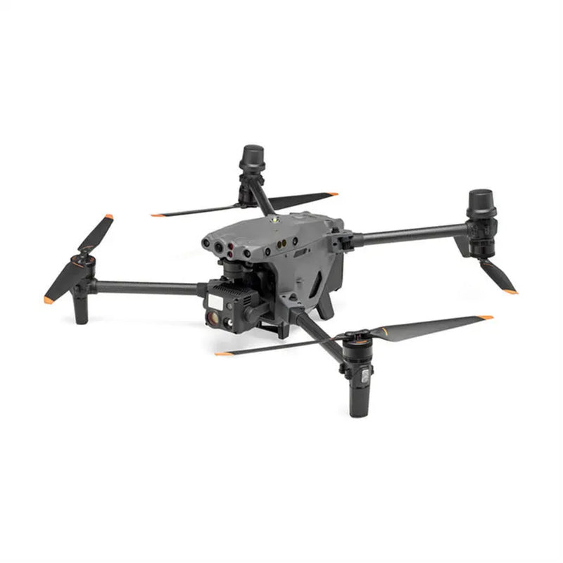 Quadcopter drone with four arms, propellers, and forward camera module
