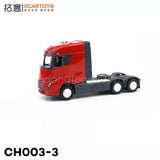 Red diecast truck tractor with gray cab and trailer, front-left view