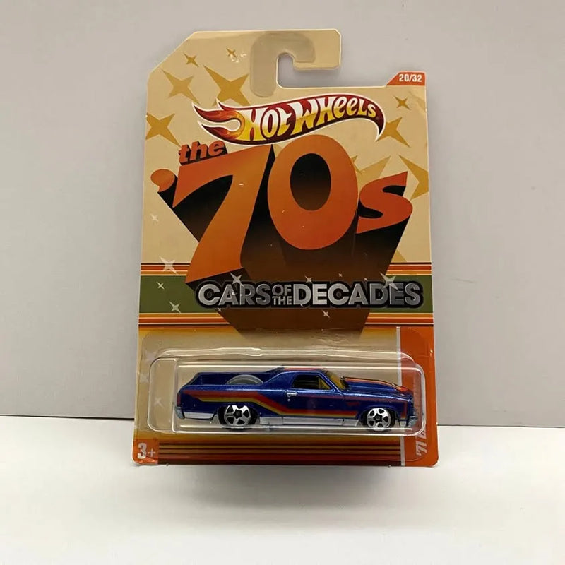 Hot Wheels blue 1971 El Camino diecast car in blister pack, 70s Cars of the Decades