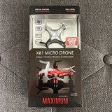 Micro drone quadrocopter product box showing red and white quadcopter
