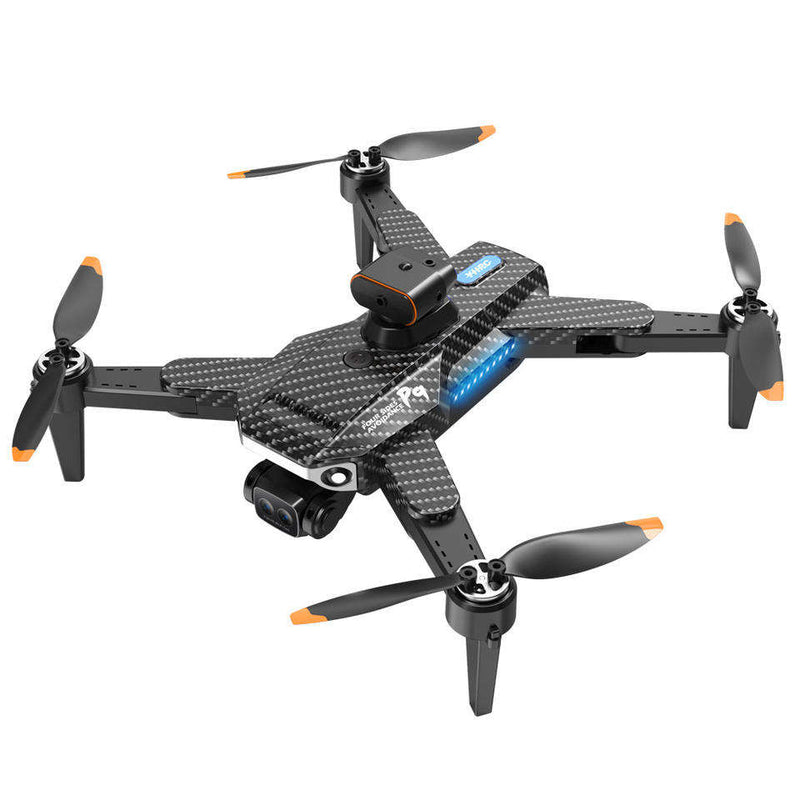Carbon-fiber quadcopter drone with four propellers and dual camera module
